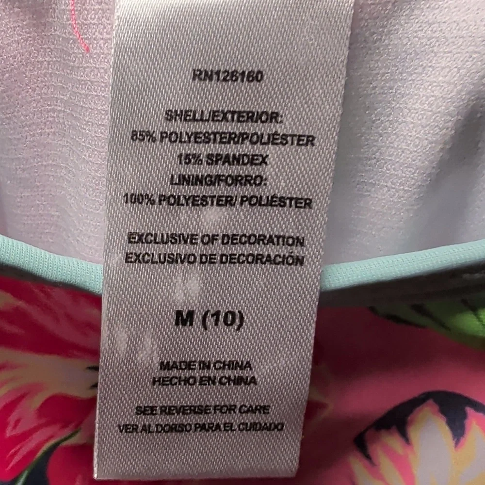 Betsey Johnson One-Piece Swimsuit Pink Blue Floral Ruffle Pom-Pom Trim Size M 10